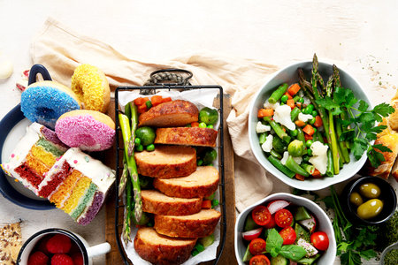 Family dinner with roast meat, cake and snacks on a light background. Top view