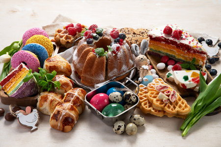 Easter or spring dessert assortment of breads, desserts and treats on a light background. Top view.