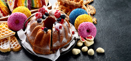 Delicious pastries and cakes on a black background. Top view.