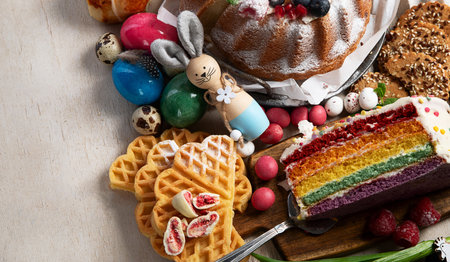 Easter or spring dessert assortment of breads, desserts and treats on a light background. Top view.