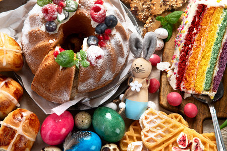 Easter or spring dessert assortment of breads, desserts and treats on a light background. Top view.