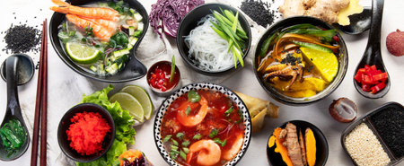 Traditional Thai food on light background. Oriental food concept. Top view. Panorama.