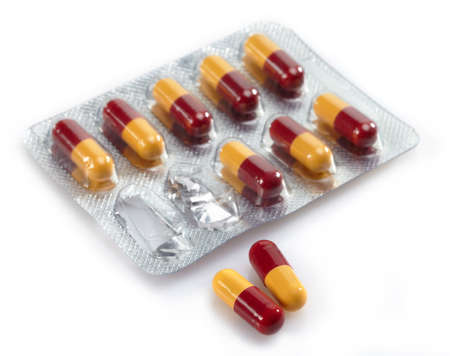 Blister pack of pills on white background