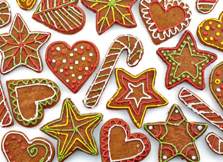 Colorful gingerbread cookies on white backgroundの写真素材