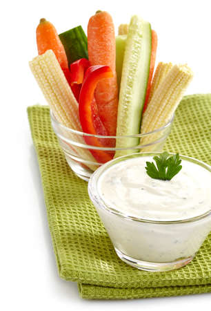 Bowl of fresh vegetables and garlic dip