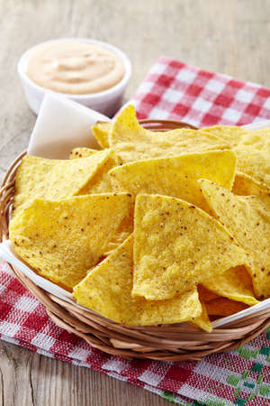 Basket of nachos and dipの写真素材