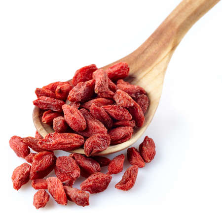 Wooden spoon of dried goji berriesの写真素材