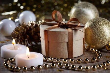 Golden Christmas decorations and giftの写真素材