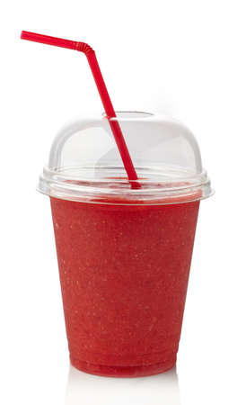 Glass of strawberry smoothie on white backgroundの写真素材
