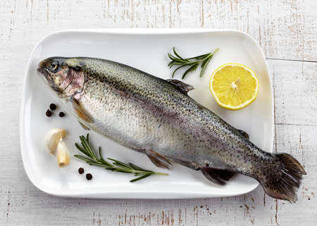 Fresh trout with lemon and spicesの写真素材