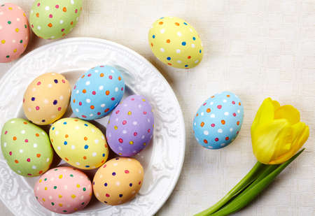 Plate of colorful Easter eggsの写真素材