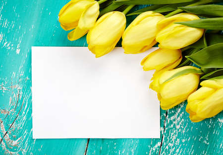 Yellow tulips and blank card on blue wooden backgroundの写真素材