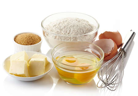 Ingredients for baking cake isolated on white backgroundの写真素材