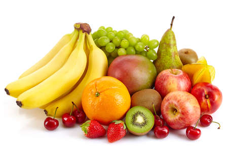 Composition of various exotic fruits isolated on white backgroundの写真素材