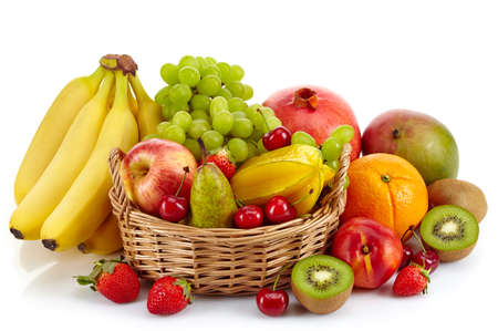Composition of various exotic fruits isolated on white backgroundの写真素材