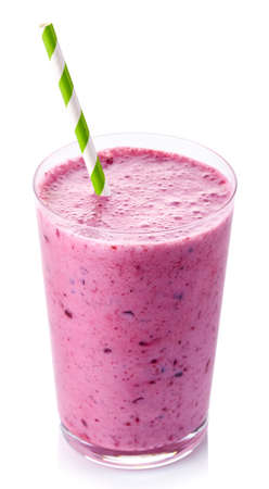Glass of blueberry smoothie isolated on white backgroundの写真素材