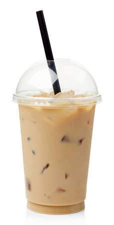 Iced coffee in plastic take away glass isolated on white backgroundの写真素材