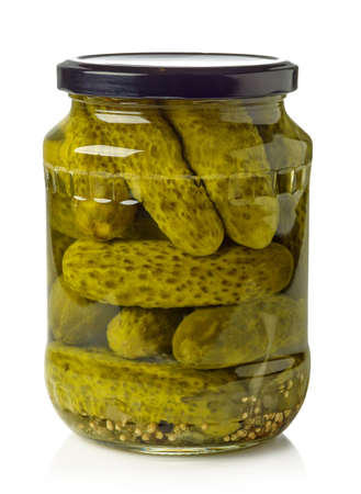 Jar of pickles isolated on white backgroundの写真素材
