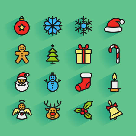 Set of colorful flat outlined Christmas icons on green backgroundのイラスト素材