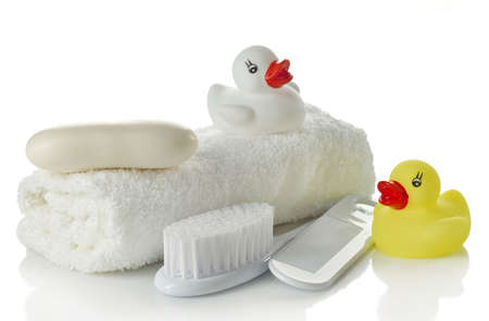 Baby bath accessories isolated on white backgroundの写真素材