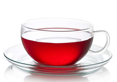 Cup of hot red fruit tea isolated on white backgroundの写真素材