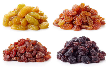 Collection of various raisins isolated on white backgroundの写真素材