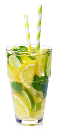 Glass of lemon, lime, mint detox water isolated on white backgroundの写真素材