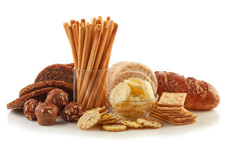 Gluten free food. Various snacks and bread isolated on white background.