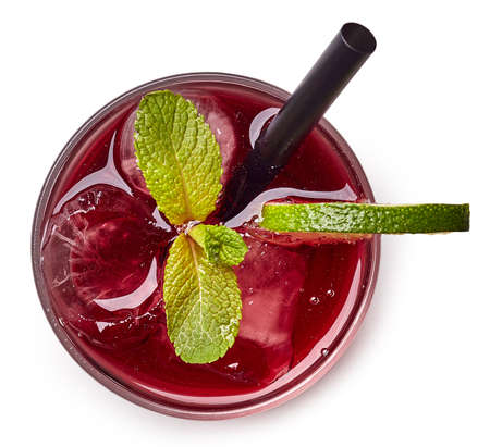 Glass of red cherry soda drink isolated on white background. From top viewの写真素材