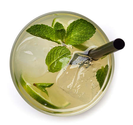 Glass of yellow lemon soda drink isolated on white background. From top viewの写真素材