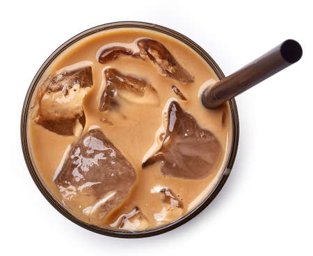 Glass of ice coffee isolated on white background from top view