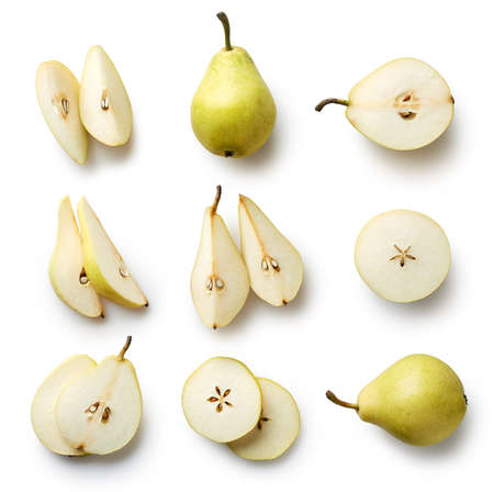 Set of fresh whole and cut pear and slices isolated on white background. From top view