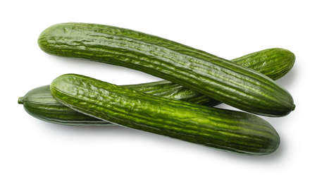 Three fresh cucumbers isolated on white background. Top viewの写真素材