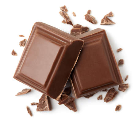 Two pieces of milk chocolate isolated on white background. Top viewの写真素材
