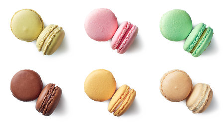 Colorful french macarons isolated on white background. Top view. Pastel colorsの写真素材