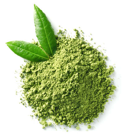 Heap of green matcha tea powder and leaves isolated on white background. Top viewの写真素材