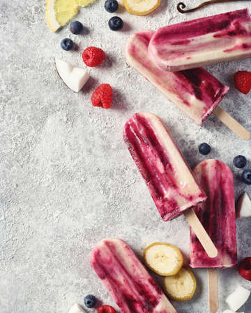 Group of home made vegan berry and coconut milk ice pops. Top viewの写真素材