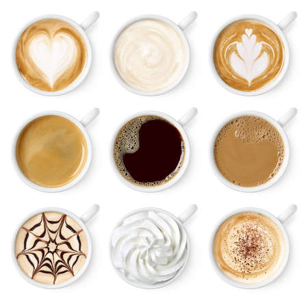 Set of different coffee types isolated on whiteの写真素材
