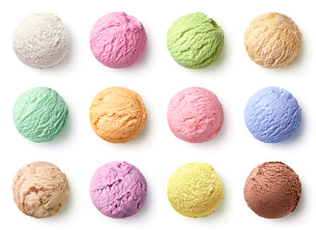 One single nougat hazelnut ice cream scoop or ball isolated on white background. Top view