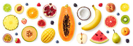 Set of different fruits and berries isolated on white background, top view, flat lay
