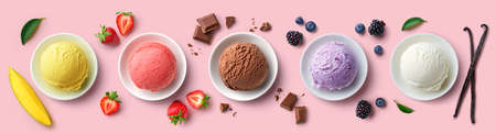 Set of bowls with various colorful Ice Cream scoops with different flavors and fresh ingredients on...