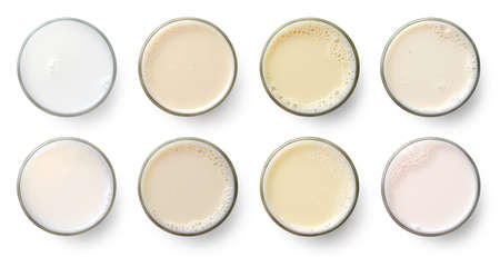 Set or collection of various vegan milk (almond, soy, rice, coconut, quinoja, brazil nut, cashew, oat) isolated on white background, top view. Dairy free, plant based drink.の写真素材