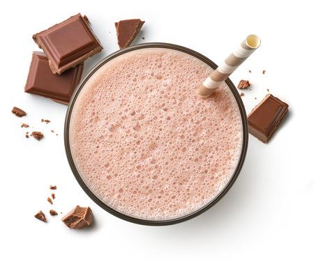 Glass of fresh chocolate milkshake or smoothie isolated on white background, top viewの写真素材