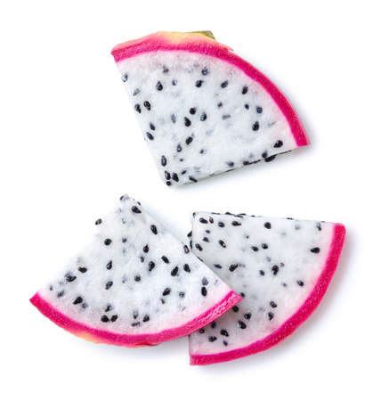 Slices of fresh dragon fruit or pitahaya (pitaya) isolated on white background, top viewの写真素材