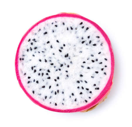 Slice of fresh dragon fruit or pitahaya (pitaya) isolated on white background, top viewの写真素材