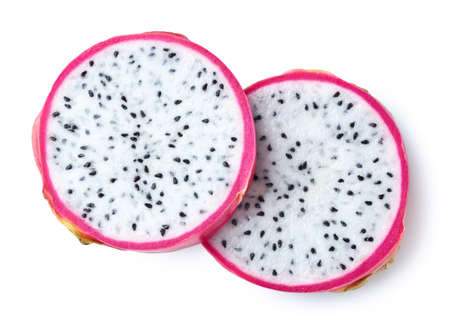 Two slices of fresh dragon fruit or pitahaya (pitaya) isolated on white background, top viewの写真素材