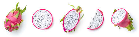 Set of fresh whole, half and sliced dragon fruit or pitahaya (pitaya) isolated on white background, top viewの写真素材