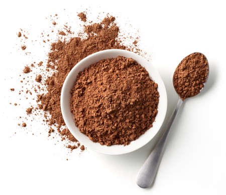 Bowl and spoon of cocoa powder isolated on white background, top viewの写真素材