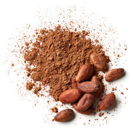Heap of cocoa powder and beans isolated on white background, top viewの写真素材