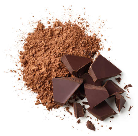 Heap of cocoa powder and chocolate pieces isolated on white background, top viewの写真素材